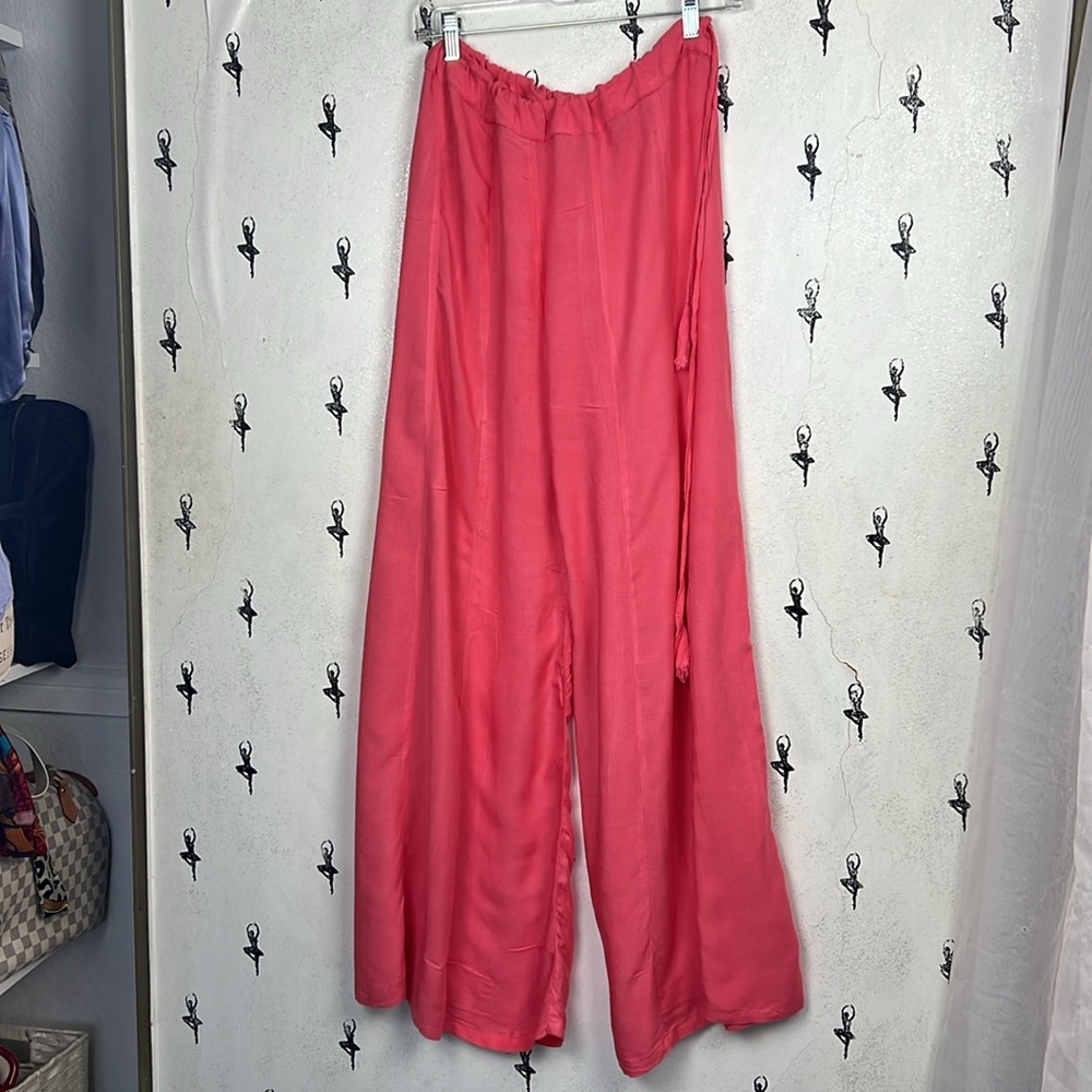 Wide leg pants pink high rise adjustable waist palazzo lightweight full length - Picture 5 of 13